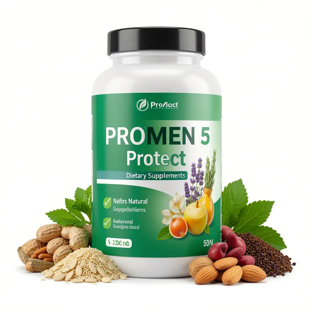 ProMen 5 Protect dietary supplement bottle with natural ingredients displayed
